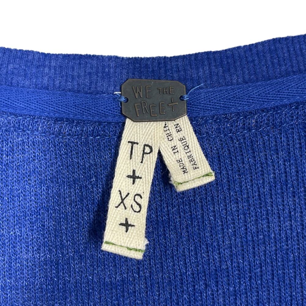 Free People Rainbow Thermal Henley Top XS Blue Long Sleeve Embroidered Boho - Picture 6 of 7